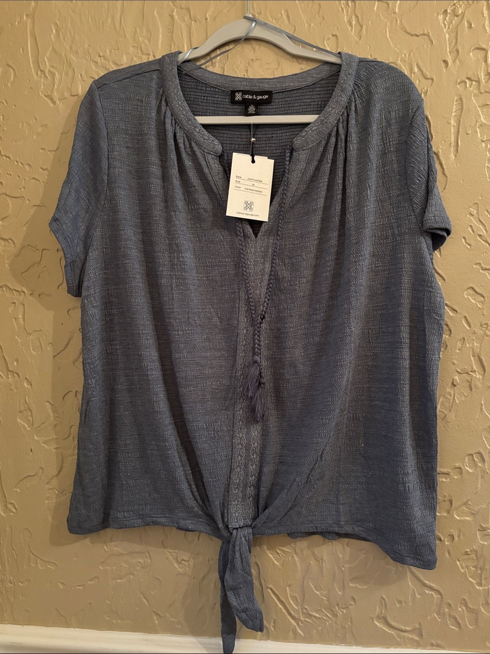 Cable and Gauge Vintage Indigo Tie Front Blouse
